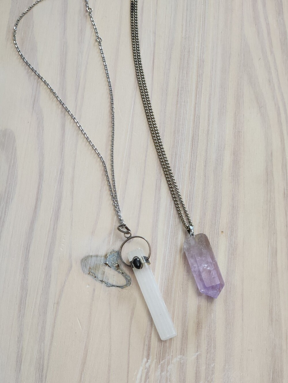 Necklace Set Silver Chain White Selenite Pendant Black Onyx Crystal Amethyst